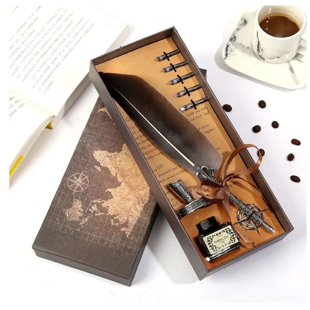 Kit Caneta Tinteiro Pena Cinza Antiga Simples Kit Caneta Tinteiro Pena Cinza Antiga Simples